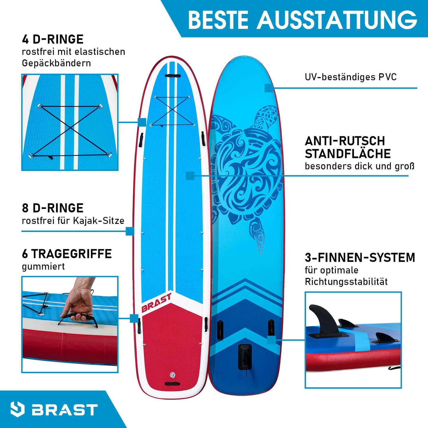 BRAST® SUP Board Family | Aufblasbares Stand up Paddle Set XXL | 370x87x15cm bis 210kg | 7 Designs | inkl. Zubehör 2X Kajak-Sitz 2X Fußschlaufe 2X Paddel Pumpe Rucksack | Turtle