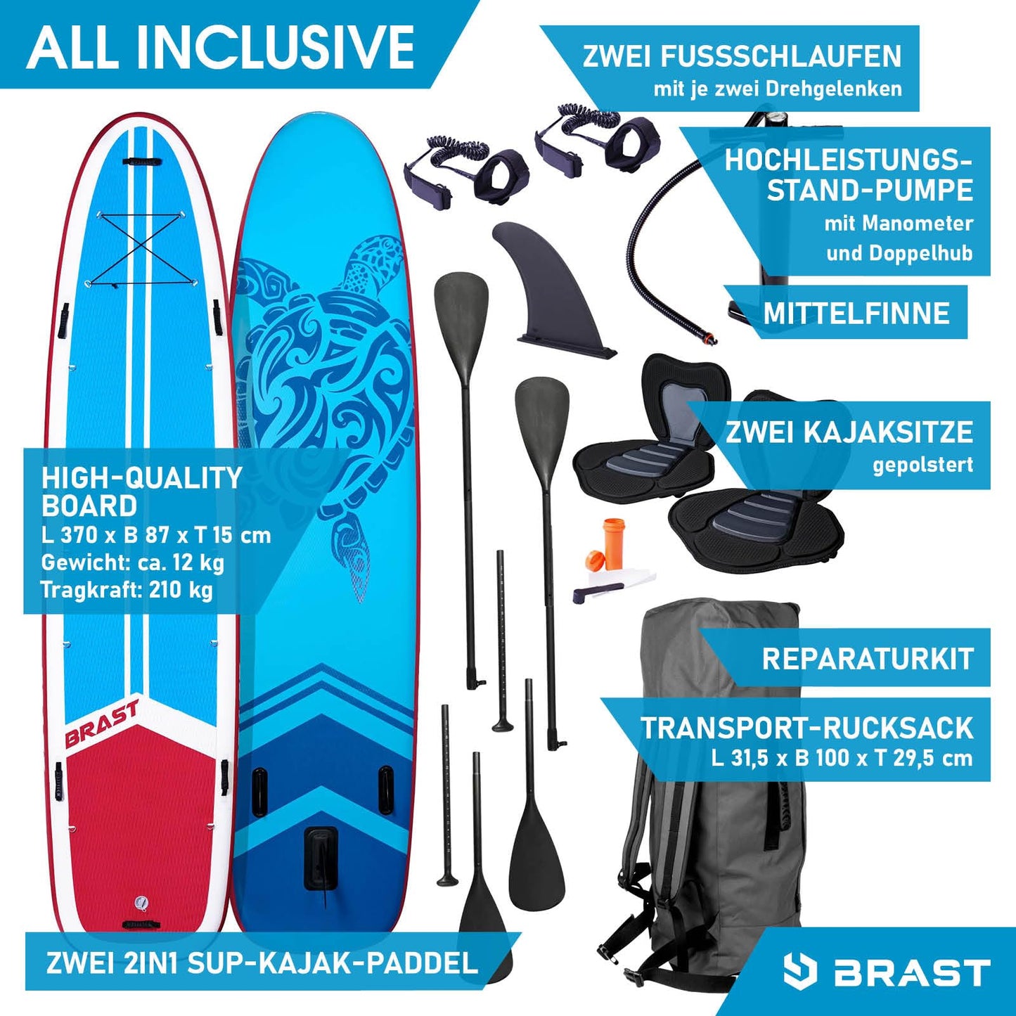 BRAST® SUP Board Family | Aufblasbares Stand up Paddle Set XXL | 370x87x15cm bis 210kg | 7 Designs | inkl. Zubehör 2X Kajak-Sitz 2X Fußschlaufe 2X Paddel Pumpe Rucksack | Turtle