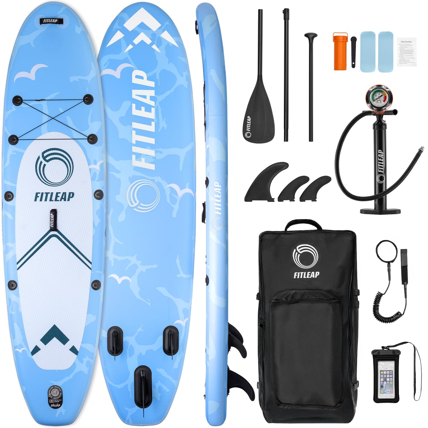 Fitleap Premium Stand Up Paddle Board aufblasbar - SUP Board Set mit Hochdruckpumpe, verstellbarem Paddel und Rucksack - Ideal für Anfänger und Profis - Perfekt für Yoga, Surfen und Wassersport