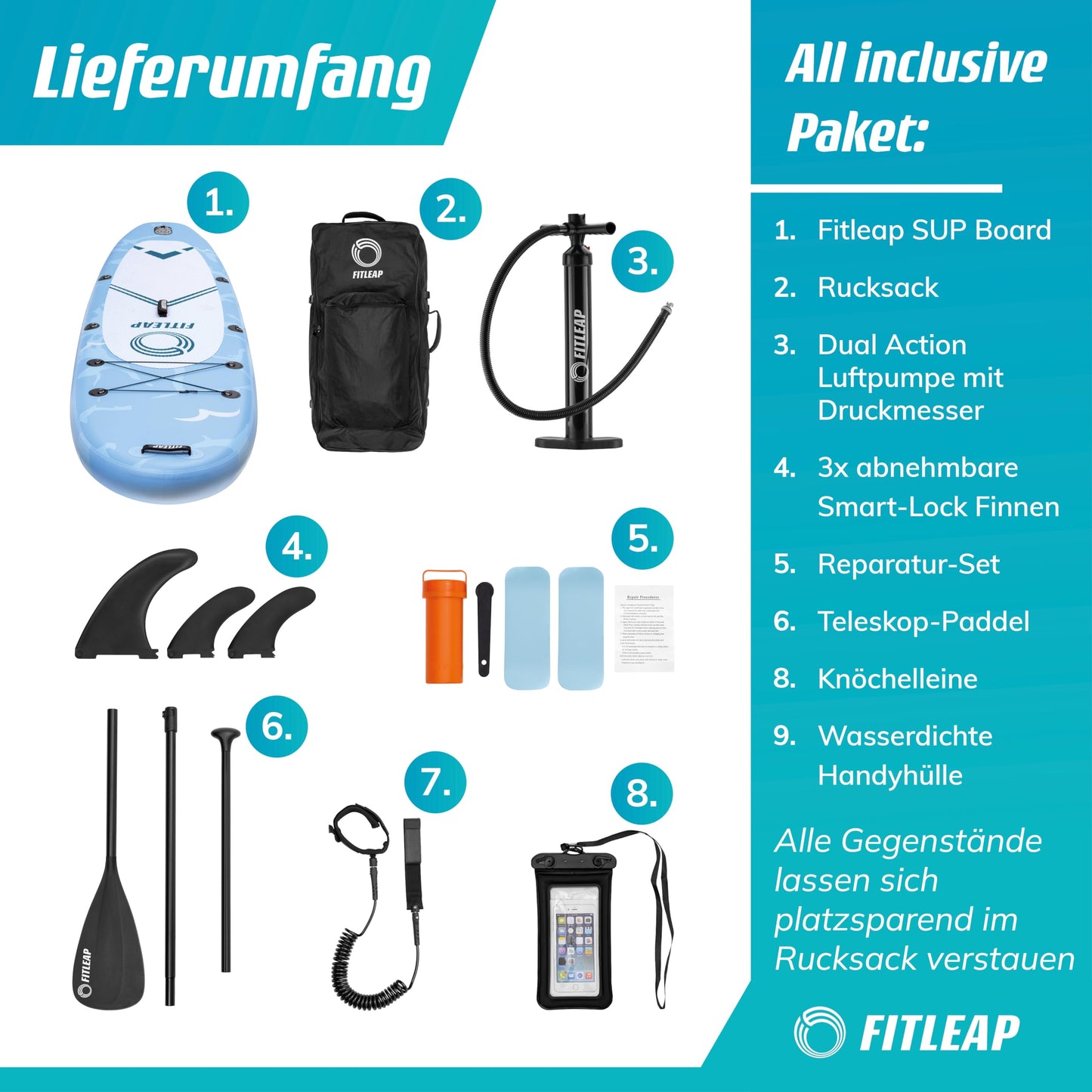 Fitleap Premium Stand Up Paddle Board aufblasbar - SUP Board Set mit Hochdruckpumpe, verstellbarem Paddel und Rucksack - Ideal für Anfänger und Profis - Perfekt für Yoga, Surfen und Wassersport