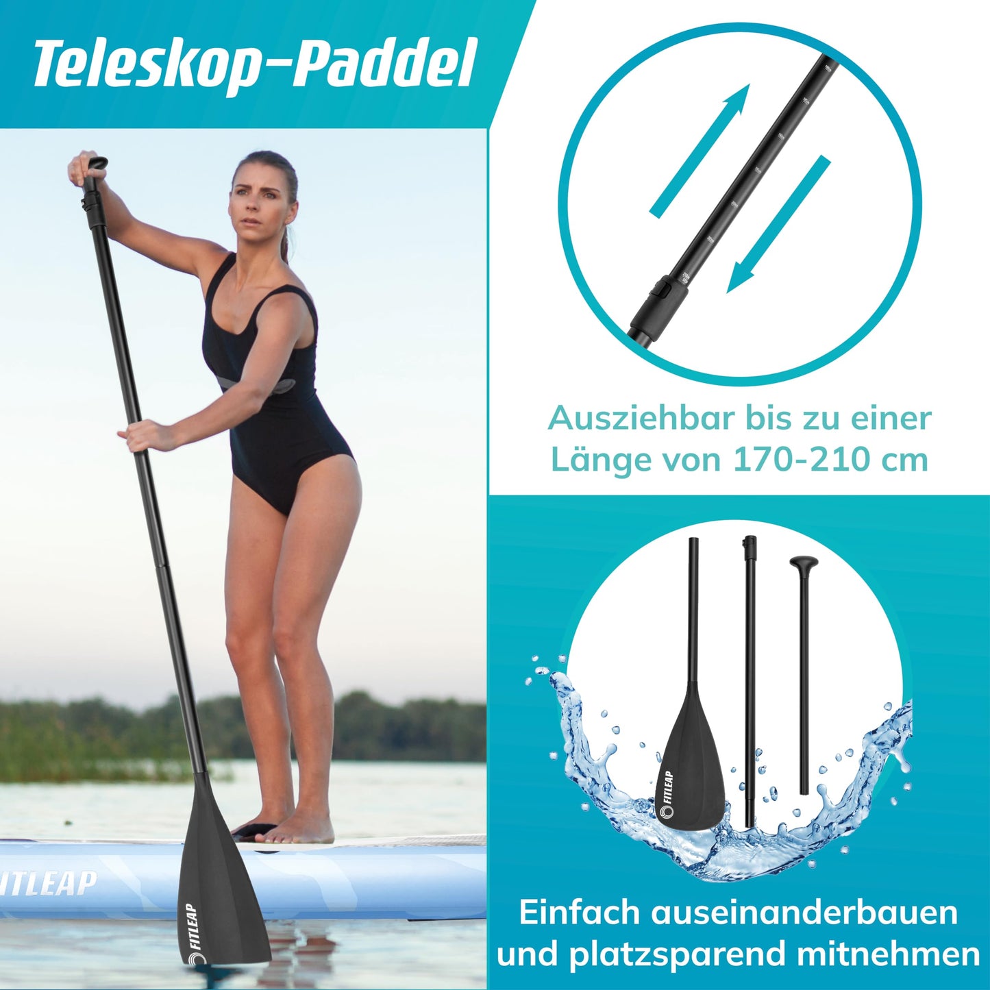 Fitleap Premium Stand Up Paddle Board aufblasbar - SUP Board Set mit Hochdruckpumpe, verstellbarem Paddel und Rucksack - Ideal für Anfänger und Profis - Perfekt für Yoga, Surfen und Wassersport