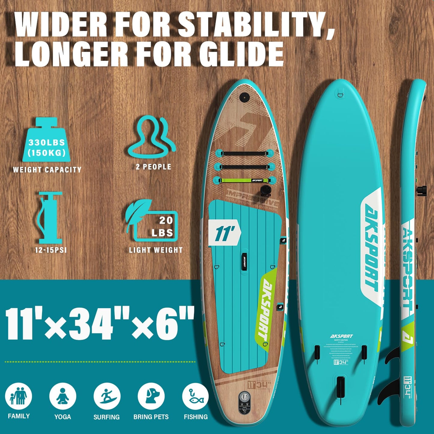 AKSPORT 11' Aufblasbares Stand Up Paddle Board,Aufblasbare SUP Board mit komplettem Zubehör, breites stabiles Design, rutschfestes Deck- 2-in-1 Convertible Paddling Board/Kayak für Paddeln/Fischen
