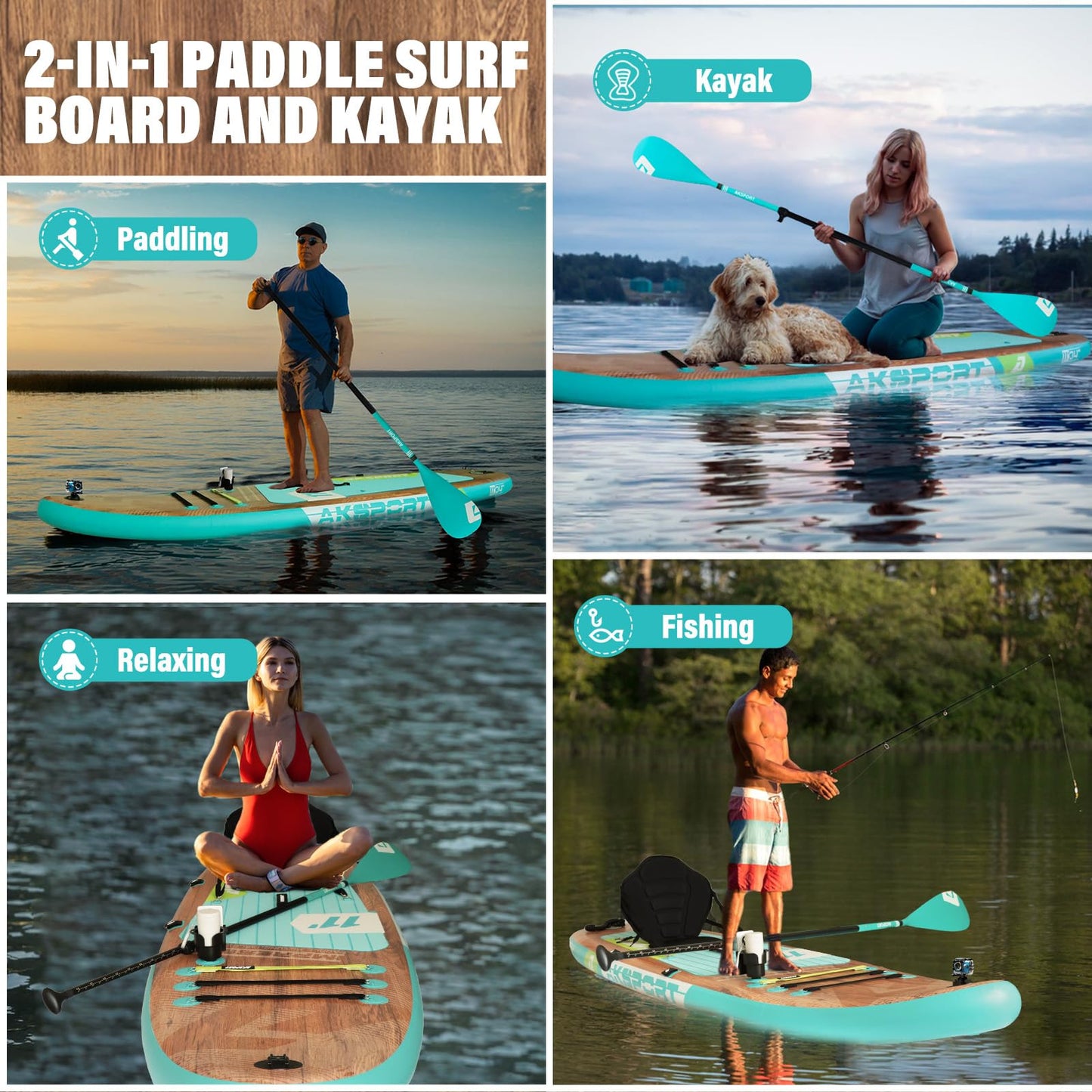 AKSPORT 11' Aufblasbares Stand Up Paddle Board,Aufblasbare SUP Board mit komplettem Zubehör, breites stabiles Design, rutschfestes Deck- 2-in-1 Convertible Paddling Board/Kayak für Paddeln/Fischen