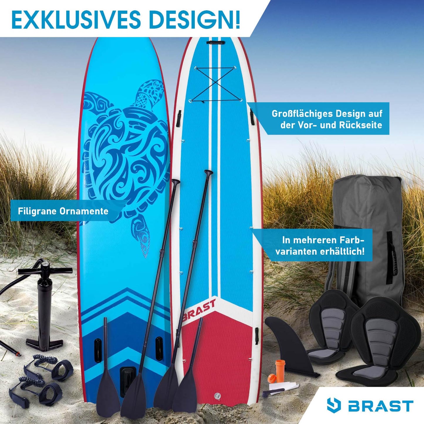 BRAST® SUP Board Family | Aufblasbares Stand up Paddle Set XXL | 370x87x15cm bis 210kg | 7 Designs | inkl. Zubehör 2X Kajak-Sitz 2X Fußschlaufe 2X Paddel Pumpe Rucksack | Turtle
