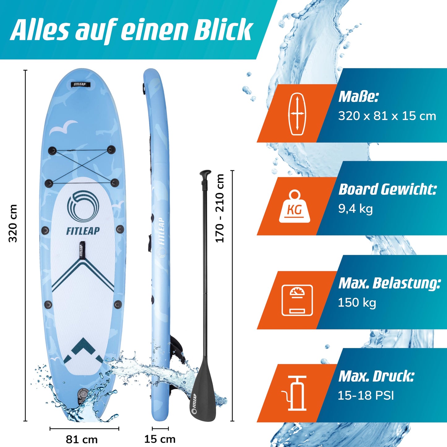 Fitleap Premium Stand Up Paddle Board aufblasbar - SUP Board Set mit Hochdruckpumpe, verstellbarem Paddel und Rucksack - Ideal für Anfänger und Profis - Perfekt für Yoga, Surfen und Wassersport