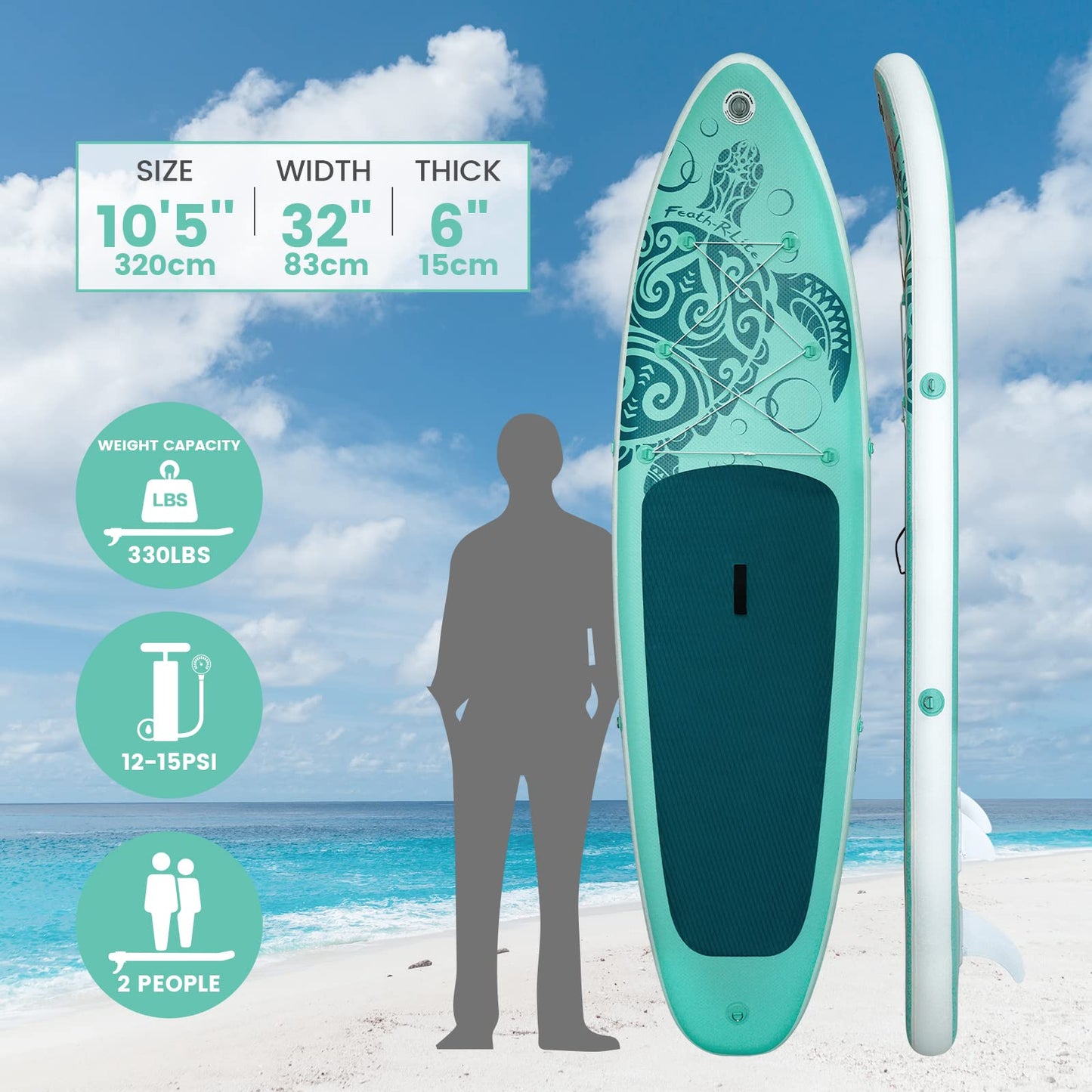 FEATH-R-LITE Aufblasbares Stand Up Paddle Board Surfbrett SUP Komplettes Paddleboard Zubehör Verstellbares Paddel, Pumpe, ISUP Reiserucksack, Leine, wasserdichte Tasche, Erwachsene Paddelboard