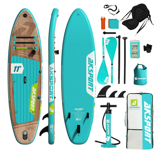 AKSPORT 11' Aufblasbares Stand Up Paddle Board,Aufblasbare SUP Board mit komplettem Zubehör, breites stabiles Design, rutschfestes Deck- 2-in-1 Convertible Paddling Board/Kayak für Paddeln/Fischen