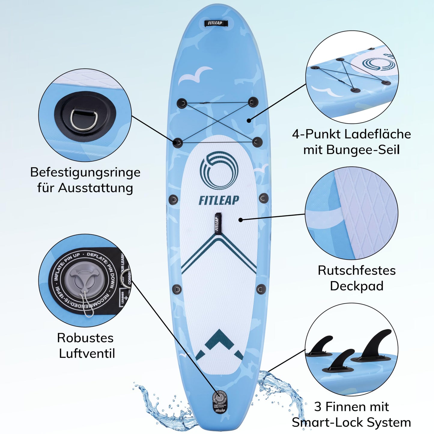Fitleap Premium Stand Up Paddle Board aufblasbar - SUP Board Set mit Hochdruckpumpe, verstellbarem Paddel und Rucksack - Ideal für Anfänger und Profis - Perfekt für Yoga, Surfen und Wassersport