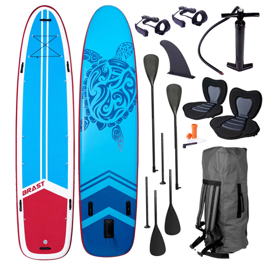 BRAST® SUP Board Family | Aufblasbares Stand up Paddle Set XXL | 370x87x15cm bis 210kg | 7 Designs | inkl. Zubehör 2X Kajak-Sitz 2X Fußschlaufe 2X Paddel Pumpe Rucksack | Turtle