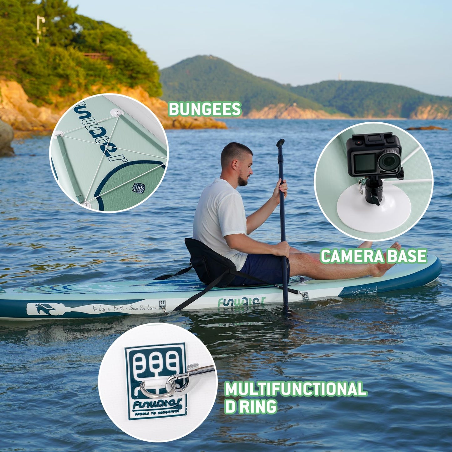 FunWater Aufblasbares Stand Up Paddle Board Surfbrett SUP Komplettes Paddleboard Zubehör Verstellbares Paddel, Pumpe, Reiserucksack, Leine, wasserdichte Tasche, Erwachsene Paddelboard
