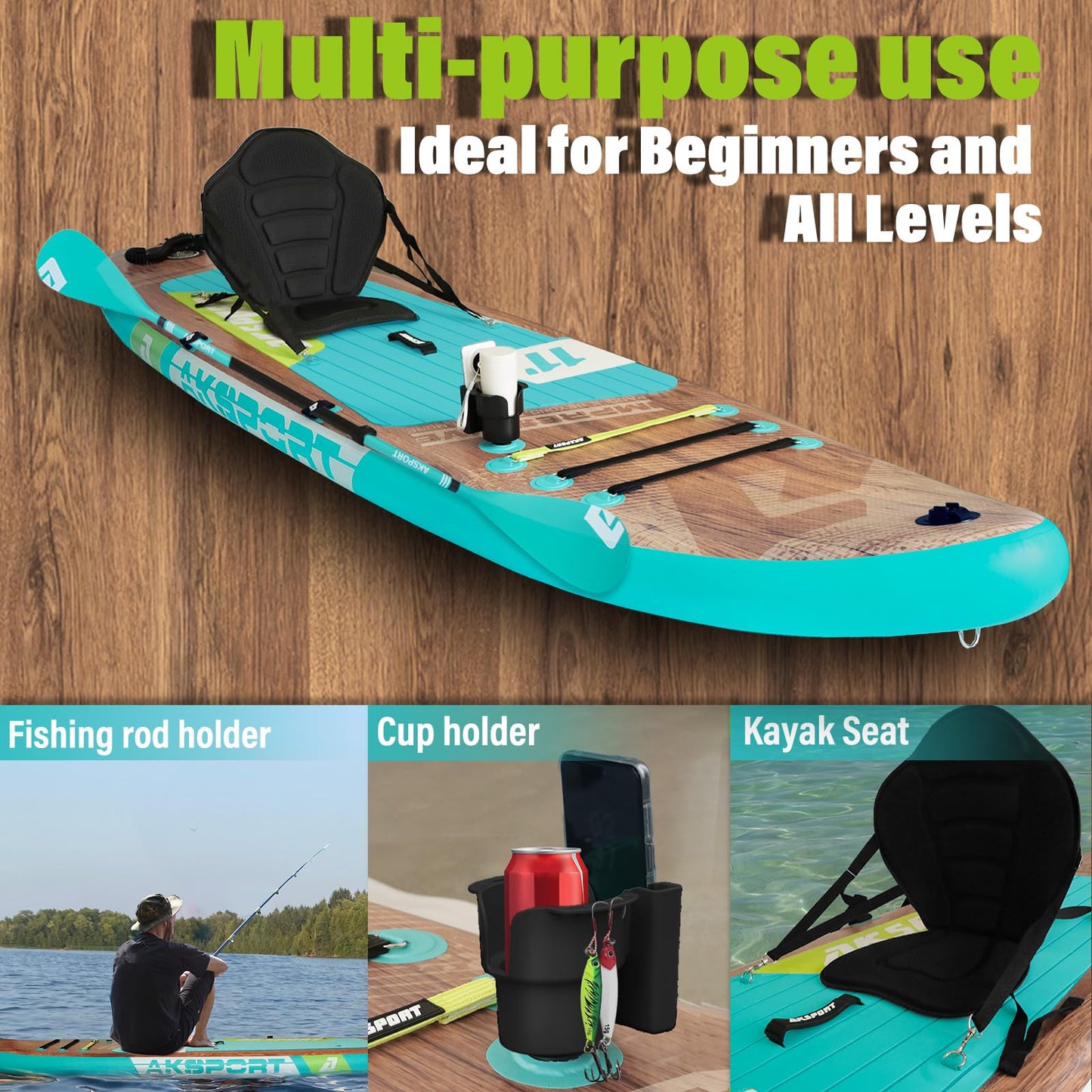 AKSPORT 11' Aufblasbares Stand Up Paddle Board,Aufblasbare SUP Board mit komplettem Zubehör, breites stabiles Design, rutschfestes Deck- 2-in-1 Convertible Paddling Board/Kayak für Paddeln/Fischen
