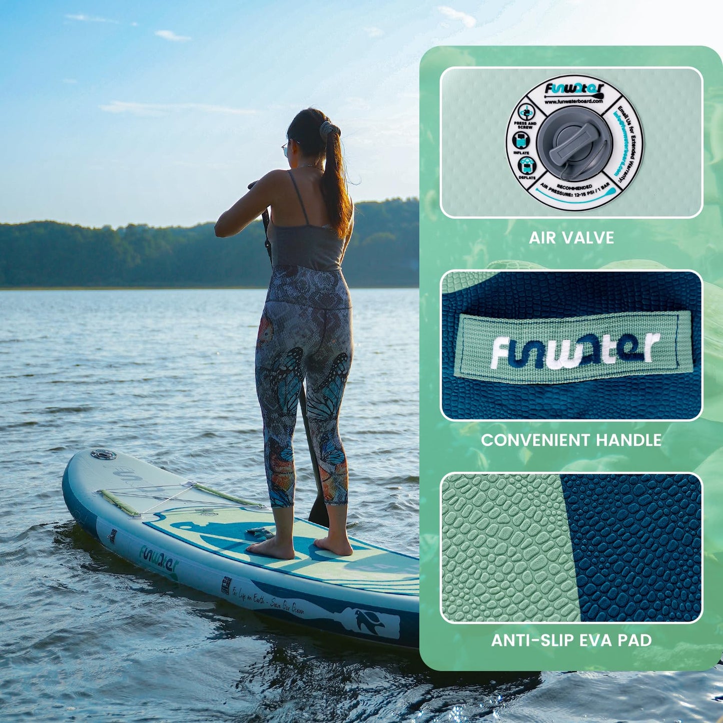 FunWater Aufblasbares Stand Up Paddle Board Surfbrett SUP Komplettes Paddleboard Zubehör Verstellbares Paddel, Pumpe, Reiserucksack, Leine, wasserdichte Tasche, Erwachsene Paddelboard