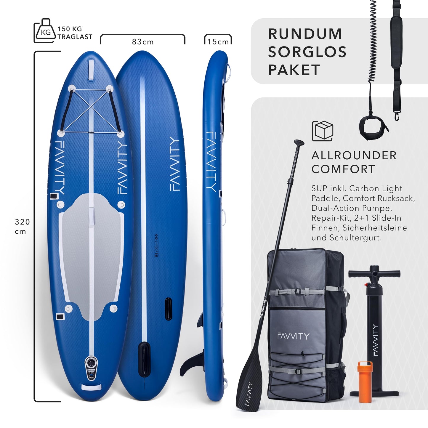 FAVVITY Stand up Paddling Board aufblasbar - Stilvoll [7-Jahre Garantie] ultraleichtes Standup Paddle - SUP Board Set Halb-Carbon 150kg Allrounder Stand-up - Jetzt SUP kaufen