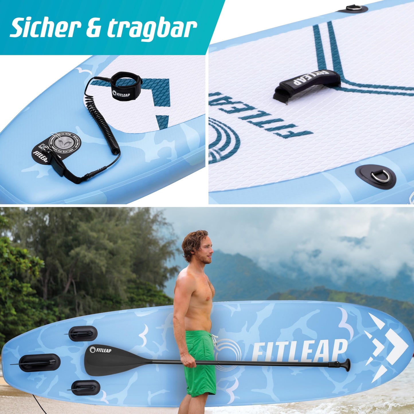 Fitleap Premium Stand Up Paddle Board aufblasbar - SUP Board Set mit Hochdruckpumpe, verstellbarem Paddel und Rucksack - Ideal für Anfänger und Profis - Perfekt für Yoga, Surfen und Wassersport