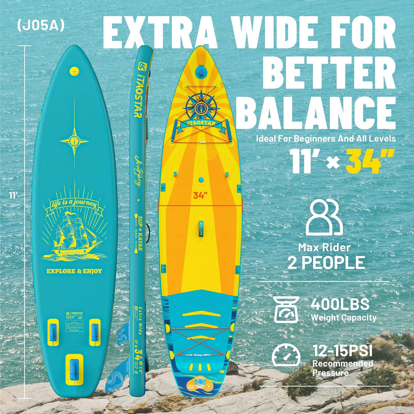 iTAOSTAR J05AA 34" Extra Wide Paddle Board for Better Balance, Inflatable Paddle Boards for Adults/Youth of All Skill LevelsSturdy SUP Board w/Premium Gears